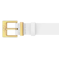 New Charo Belt - Elegant White Leather Belt With Gold Buckle And Lou Logo. Women Belts