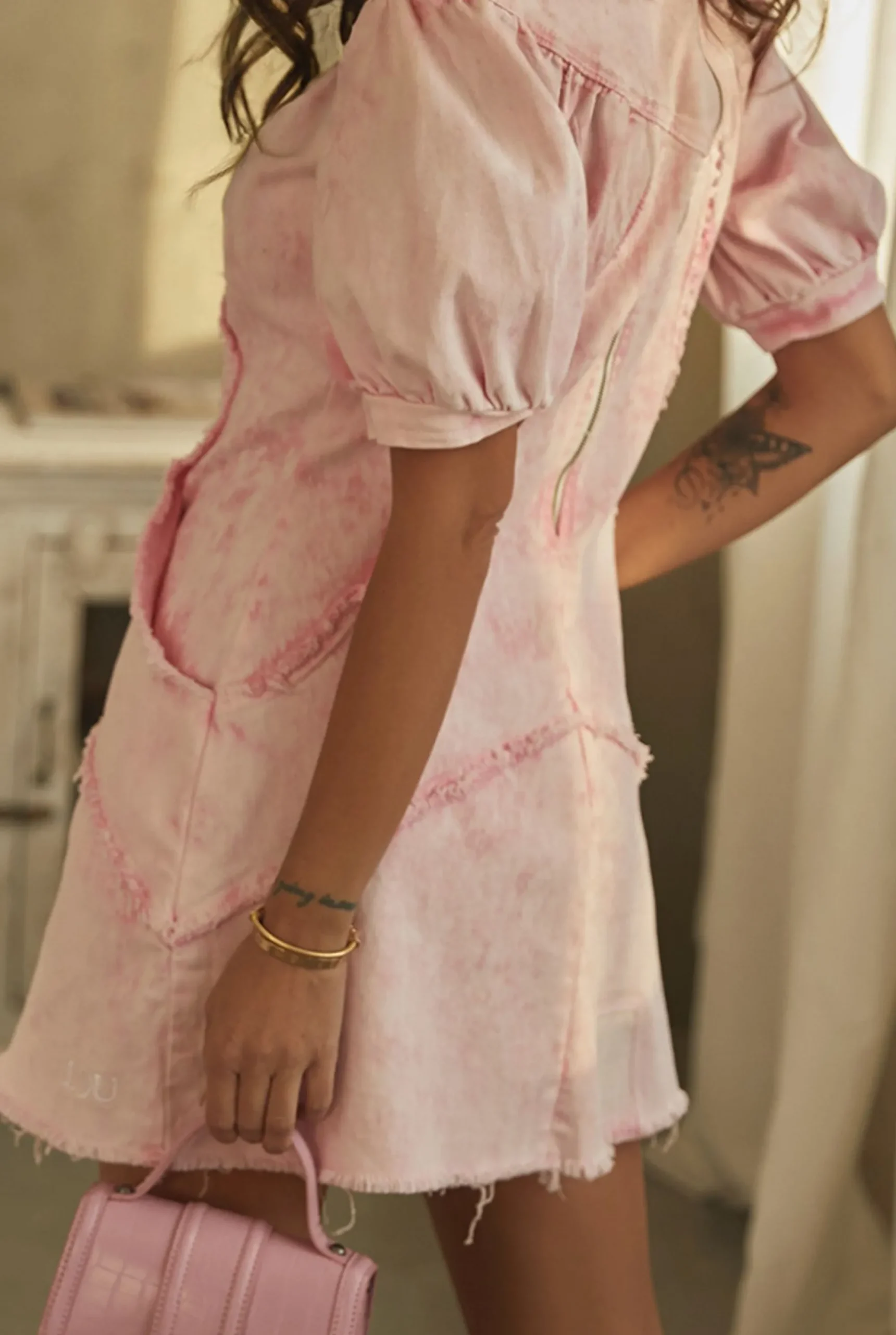 Hot Kelly - Pink Denim Dress With Puffs Women Every Day