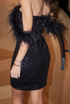 Cheap Titti - Black Sequin Mini Dress With Feather Women Wedding