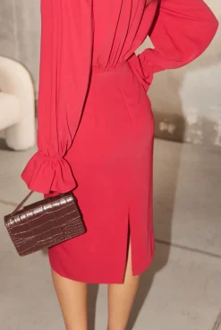 Sale Trus - Raspberry Midi Dress With Long Fancy Sleeves Women Wedding